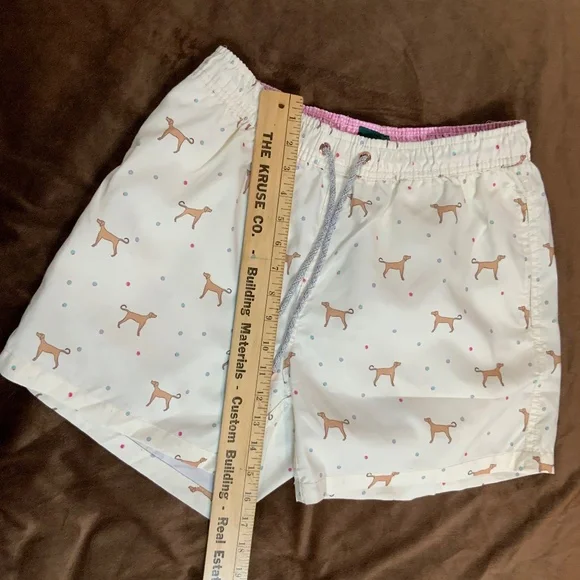 Polonio Ivory Brown Pink M Swim Shorts with Dog Print Beach Boat Coastal - Picture 6 of 9
